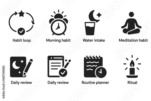 Set of Eight Daily Habits and Routine Icons Including Meditation and Planner Tools