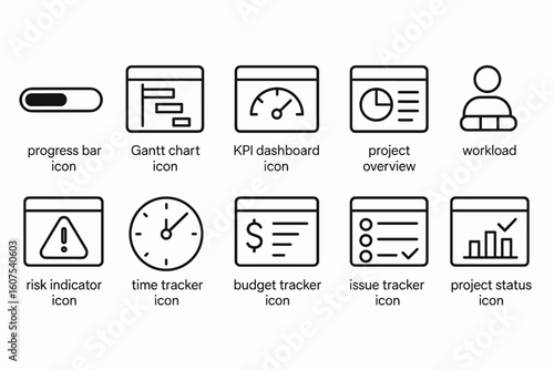 Project Management Icons Set: Progress Bar, Gantt Chart, KPI Dashboard, Risk Indicator