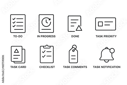 Task Management Icons Set with To-Do, In Progress, Done, and Notification Symbols