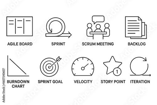 Agile Project Management Icons Set with Board, Sprint, Scrum, Backlog, and More