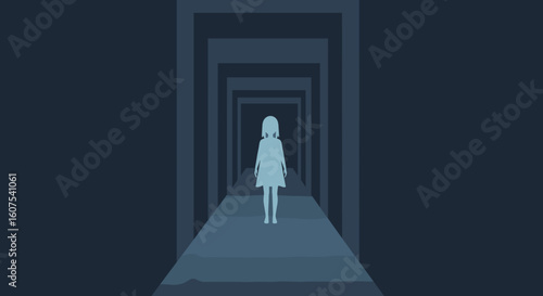 Ethereal girl standing alone in a dark corridor with shadows  