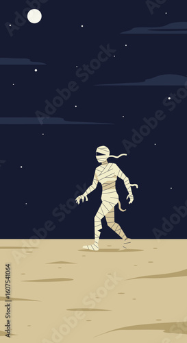 Mummy walking on desert landscape under moonlight at night  