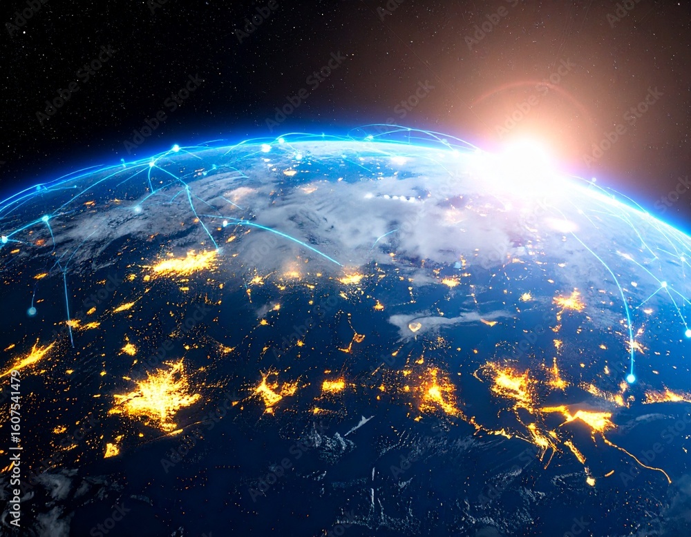 Obraz premium Global network connecting cities across the illuminated earth at night