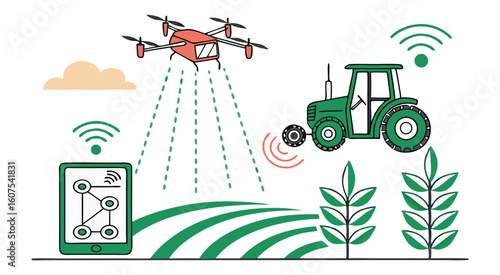 Drone tractor and tablet in smart farm agriculture