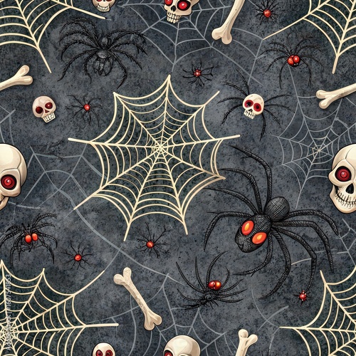 Dark creepy Halloween pattern with red-eyed spiders, bones, skulls, and spiderwebs on a textured gray background.