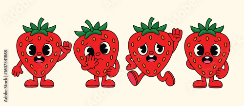 Four cartoon strawberries with faces and arms waving and dancing