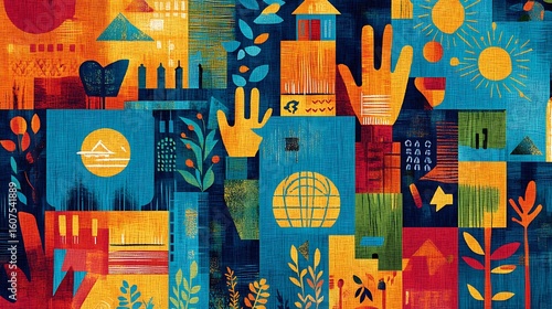 Sustainable development icons weaving into vibrant fabrics