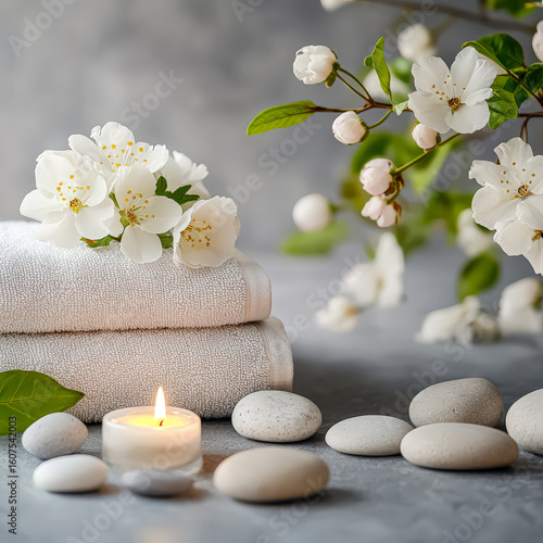 Candle is lit on a table next to two white towels and a bunch of white flowers