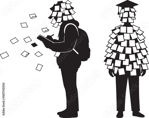 Student covered in sticky notes silhouette isolated on white background