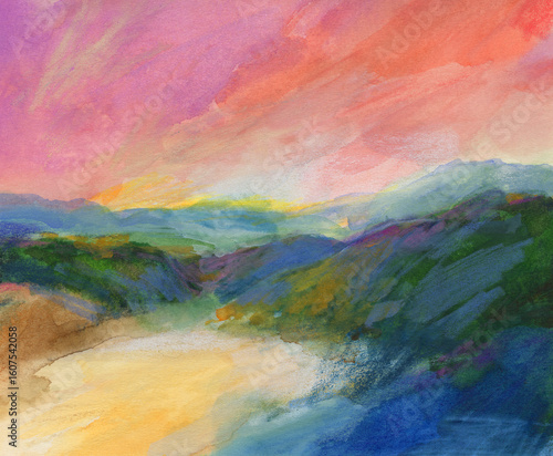 Beautiful hand painted  impressionist landscape. Mixed media. Versatile artistic image for creative design projects: posters, banners, websites, cards, prints and wallpapers. Artist-made art