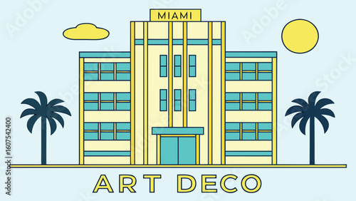 Art Deco architecture in Miami Florida with building palm trees and clear blue sky illustration vibrant and retro style perfect for travel posters and design projects