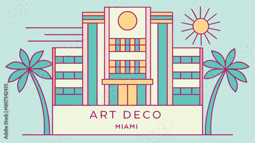Art Deco Miami Building Vector Illustration with Palm Trees and Sun Simple Elegant Design Style Graphics