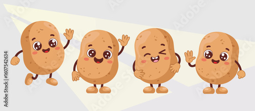 Four cute cartoon potatoes with happy faces and waving hands