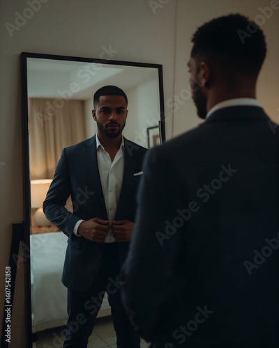 Stylish Black man putting on blazer in modern apartment, natural morning light, clean interior design, fashion-forward look, Lucid Realism, ultra-detailed AI-generated image