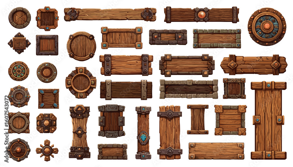 Fototapeta premium Mediaeval wooden game gui set. Cartoon frames, boards, buttons, panel, menu with wood, metal and stone texture. Vector user interface