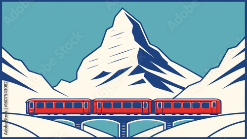 Iconic red train crossing a bridge in the Swiss Alps with the majestic Matterhorn in the background travel and tourism poster art