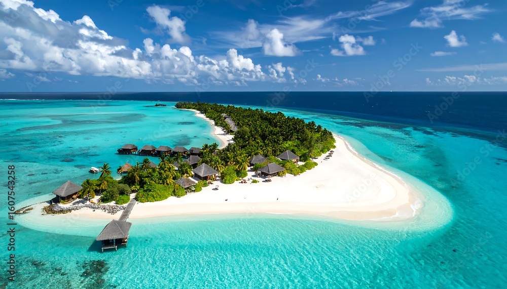 Fototapeta premium Aerial view of a tropical island resort, white sand beach, turquoise water, lush vegetation, and a clear blue sky