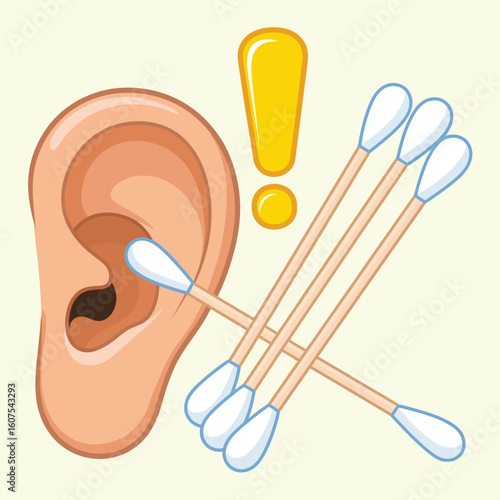 Illustration of an ear with cotton swabs and an exclamation mark indicating a warning