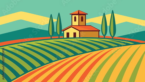 Picturesque Tuscany Landscape Illustration with Farmhouse and Cypress Trees Peaceful Rural Scene Depicting Agriculture and Serenity