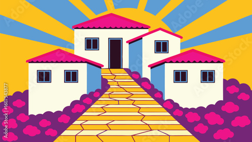 Stylized Village Houses with Colorful Sky and Pathway Illustration Vibrant and Creative Artwork for Graphic Design Projects
