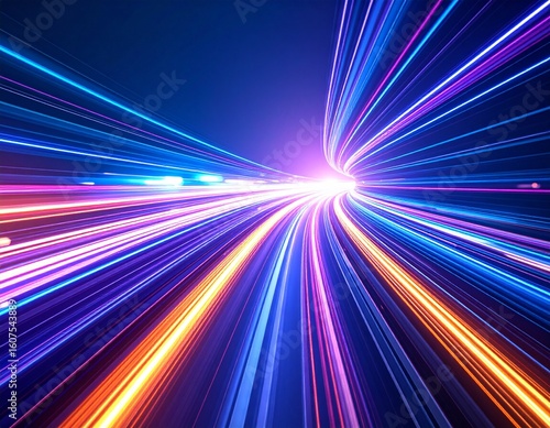 Abstract streaks of blue, purple, and red light create a sense of speed