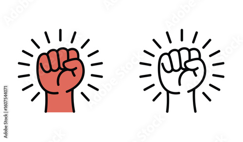 Raised Fist Symbol of Solidarity and Defiance Featuring Linear Rays Conveying Strength and Empowerment