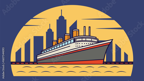 Vintage Ocean Liner Cruises Past City Skyline in Retro Graphic Style Illustration for Travel and Nostalgia