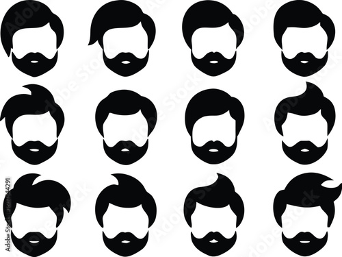 Collection of diverse male hairstyles and beards silhouette isolated on transparent background