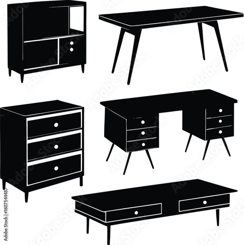 Collection of mid century modern furniture silhouettes isolated on transparent background