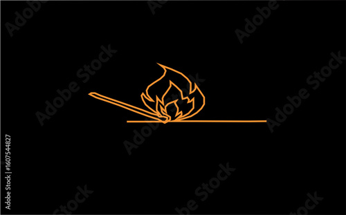 Continuous one line drawing of burning match. simple Orange burning match stick line art vector illustration.  one continuous line drawing of match sticks On black background Vector Illustration.