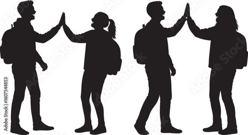 Four friends giving high fives silhouette isolated on white background