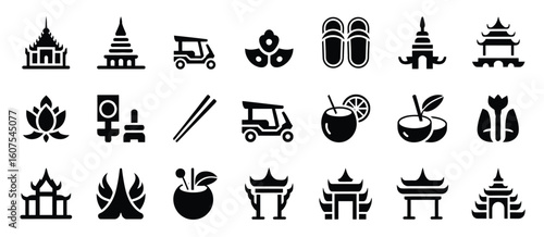 Collection of thai cultural icons and symbols in black and white
