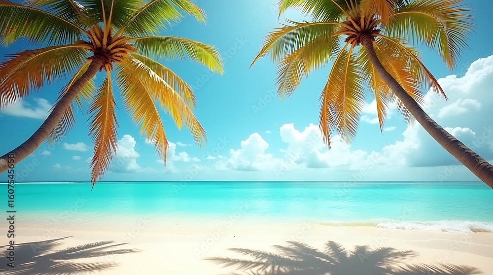 Fototapeta premium Serene Tropical Beach Scene: Two Palm Trees Frame Turquoise Ocean and White Sand Under Sunny Sky