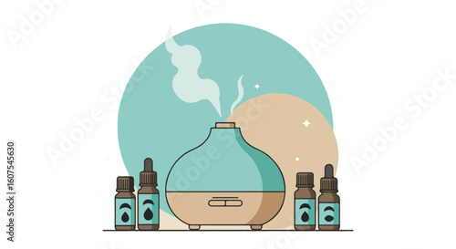 Aromatherapy diffuser, surrounded by essential oil bottles.