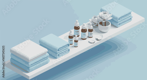Spa product display with stacked towels, bottles and floral arrangement.