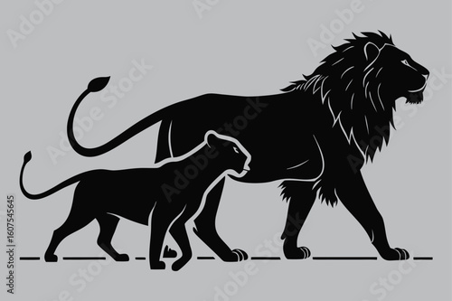 Photography Lion and lioness walking side by side silhouette vector design art and illustrat