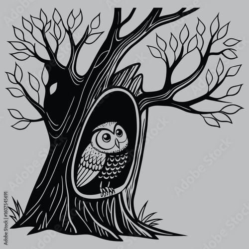 Owl sitting inside tree hollow silhouette vector design art and illustration