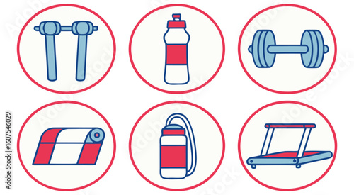 Six fitness icons in red circles workout exercise