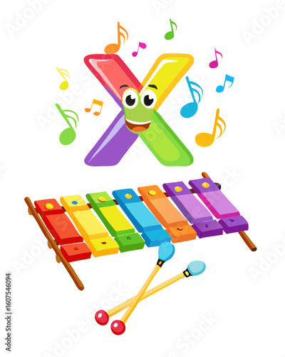 Vector letter X with a xylophone – musical alphabet flashcard
