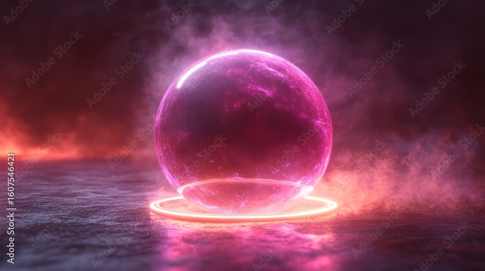 Neon sphere, floating on a circular platform, dark background Neon sphere, floating on a circular platform, dark background