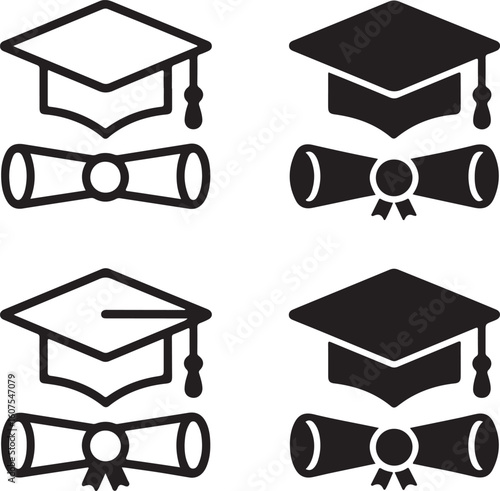 Graduation cap and diploma icons scroll academic