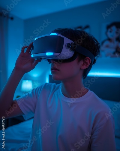 Teen boy immersed in VR headset gaming in LED-lit bedroom, cool ambient glow, AI-generated