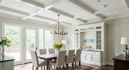Elegant transitional dining room featuring a classic white coffered ceiling, large glass doors, and a central modern chandelier.