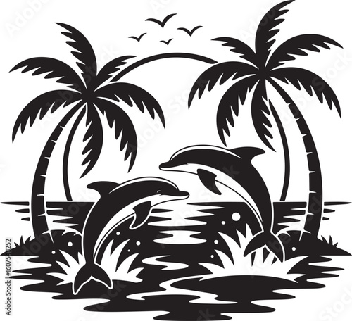 Dolphins leaping near palm trees by the ocean water