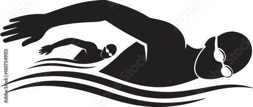 Swimmer in black and white with water waves swimming