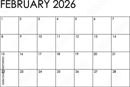February 2026 month calendar - Sunday to Saturday format. Simple black and white design