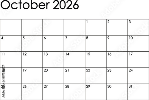October 2026 month calendar - Sunday to Saturday format. Simple black and white design