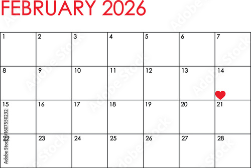 February 2026 month calendar - Sunday to Saturday format. Simple design in red and black colors and a heart marking Valentine's Day on February 14th