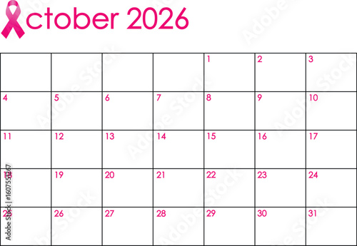 October month 2026 calendar - Sunday to Saturday format. Simple design in pink and black colors and a pink ribbon awareness symbol for Breast Cancer awareness month