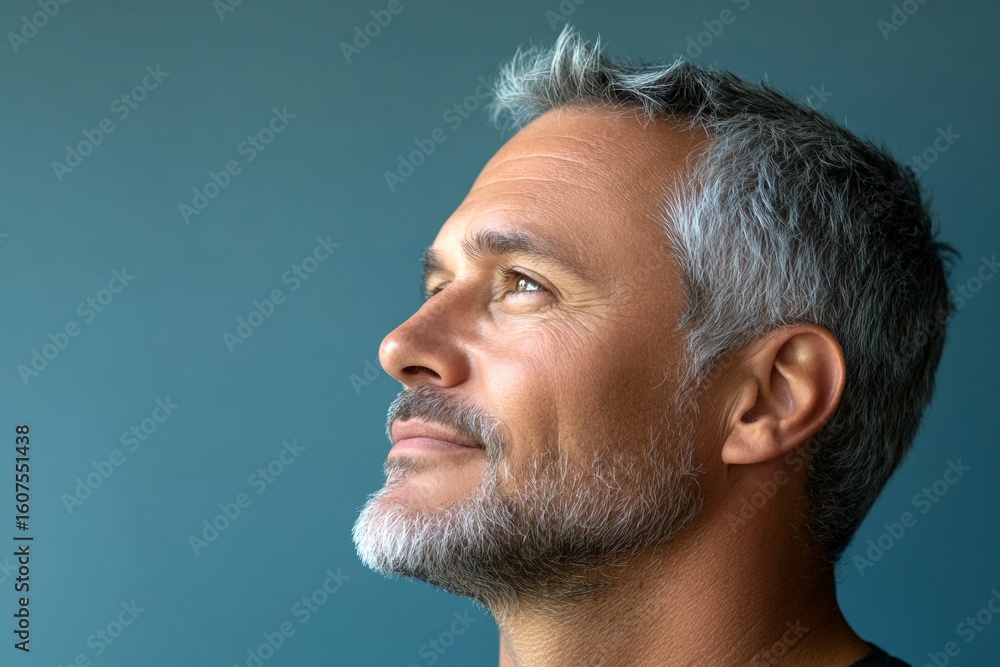 Fototapeta premium Creative of style for aging men. Blue solid background. A classic and stylish male with a natural smile. Modish men's crew cut haircut - midlife white man with grey hair.